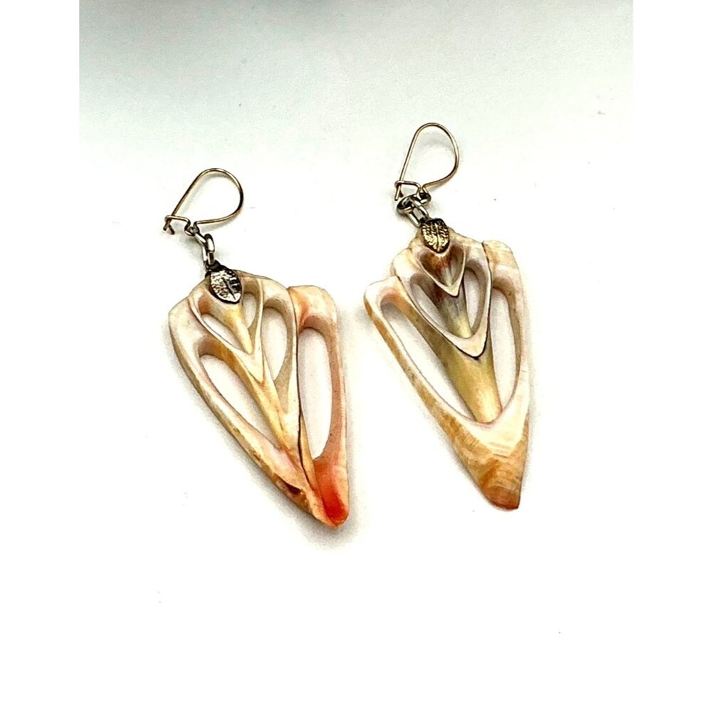Natural Shell Carved Dangle Earrings With Gold tone Hooks